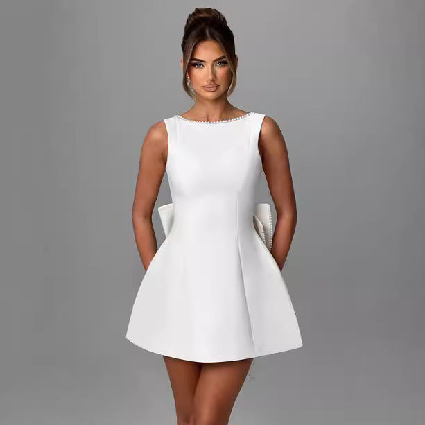 Women's Big Bow Pearl Backless Dress – Elegant Evening Wear
