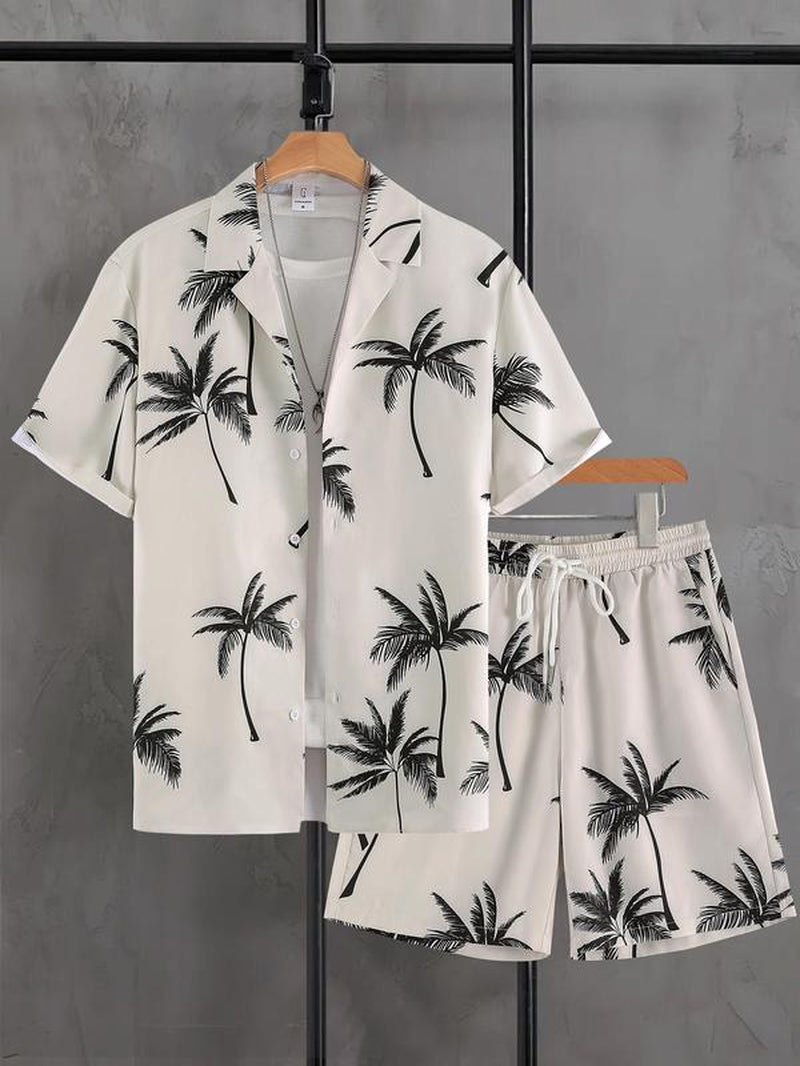 Men's Floral Print Button-Up Pajama Set with Shorts, Casual Regular Fit Short Sleeve Top and Shorts Sleepwear for Summer