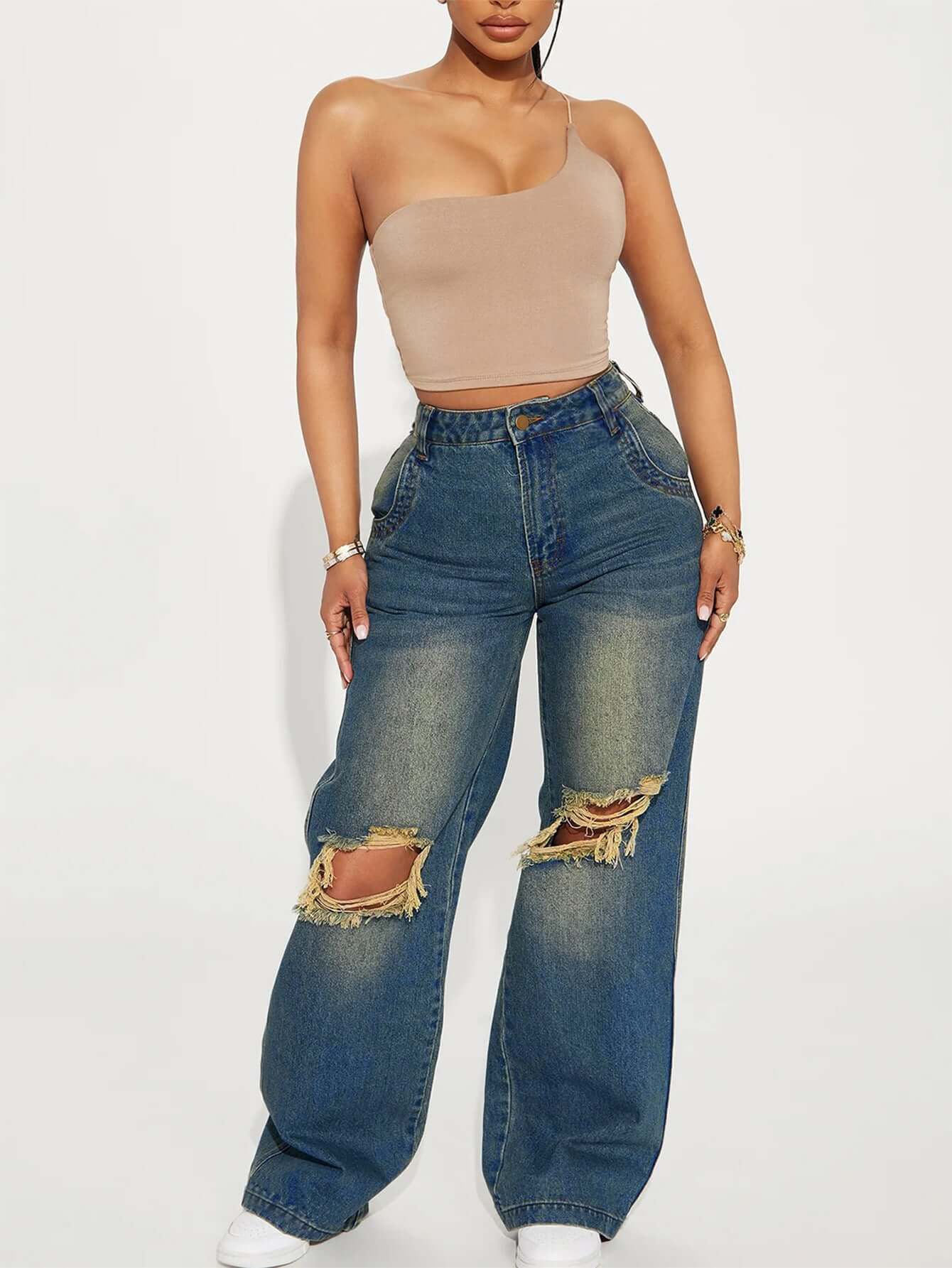 Retro Ripped Wide-Leg Jeans
