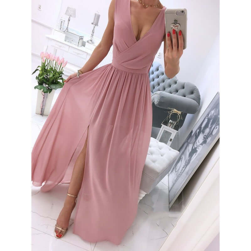 Solid V-Neck Sleeve Dress