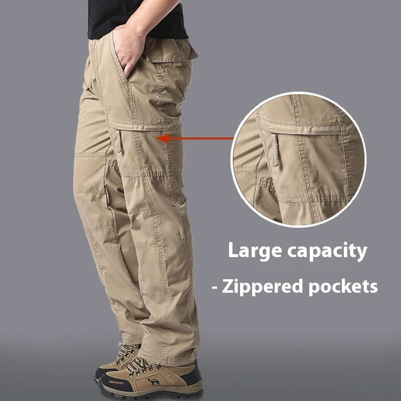 Men's multi-pocket outdoor trousers with large zippered pockets in khaki color, perfect for casual climbing.