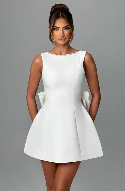 Women's Big Bow Pearl Backless Dress – Elegant Evening Wear