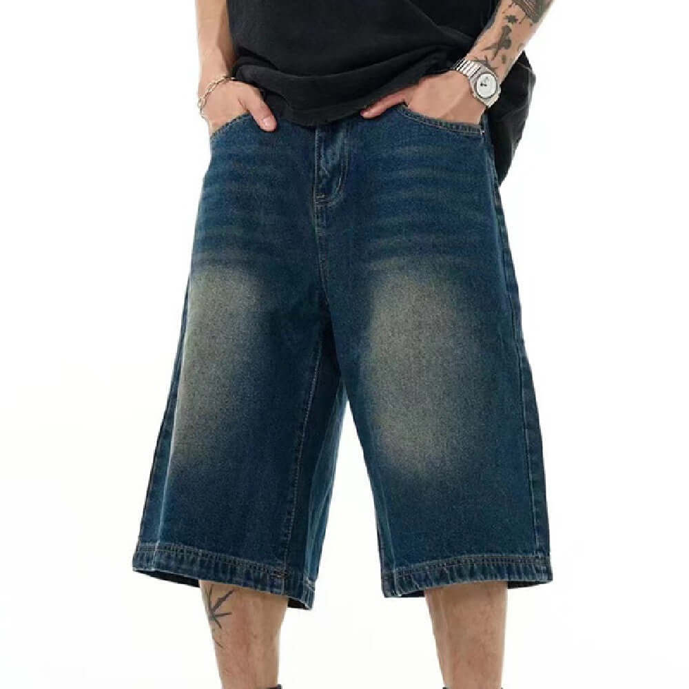 Men's cropped blue denim shorts, street style, comfortable polyester cotton fabric, casual wear.