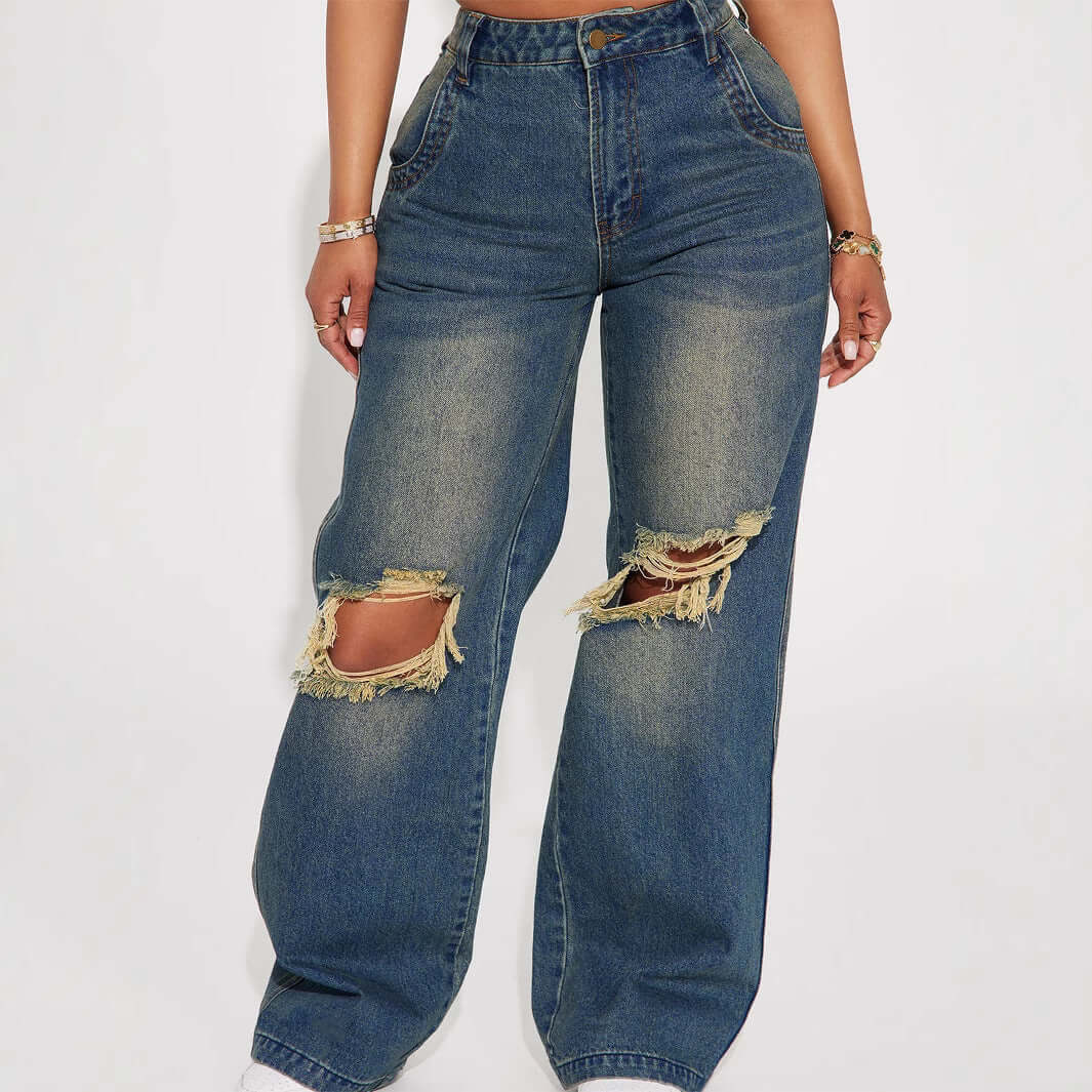 Retro Ripped Wide-Leg Jeans