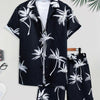 Men's Floral Print Button-Up Pajama Set with Shorts, Casual Regular Fit Short Sleeve Top and Shorts Sleepwear for Summer