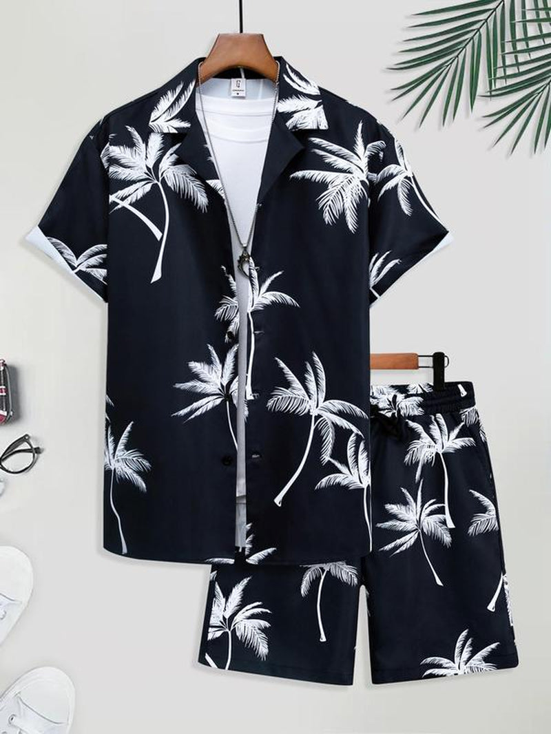 Men's Floral Print Button-Up Pajama Set with Shorts, Casual Regular Fit Short Sleeve Top and Shorts Sleepwear for Summer