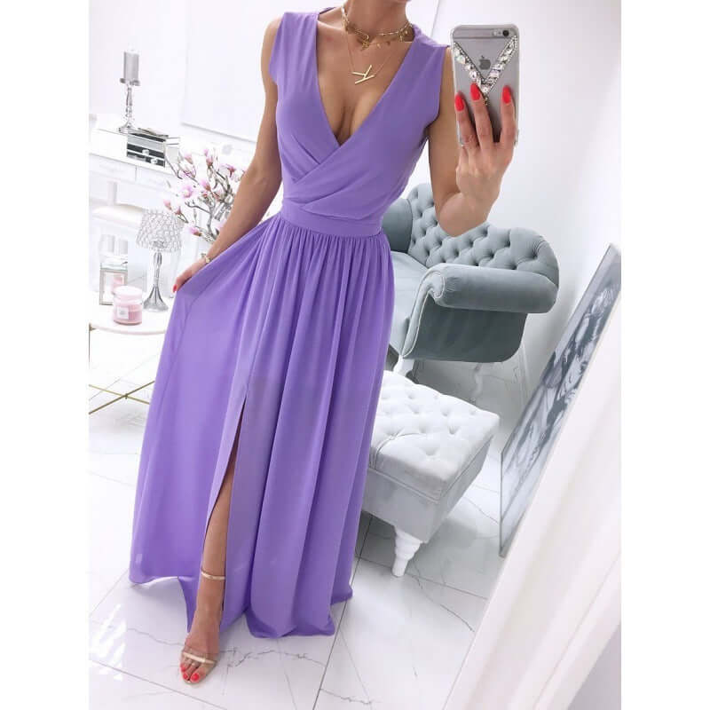 Solid V-Neck Sleeve Dress