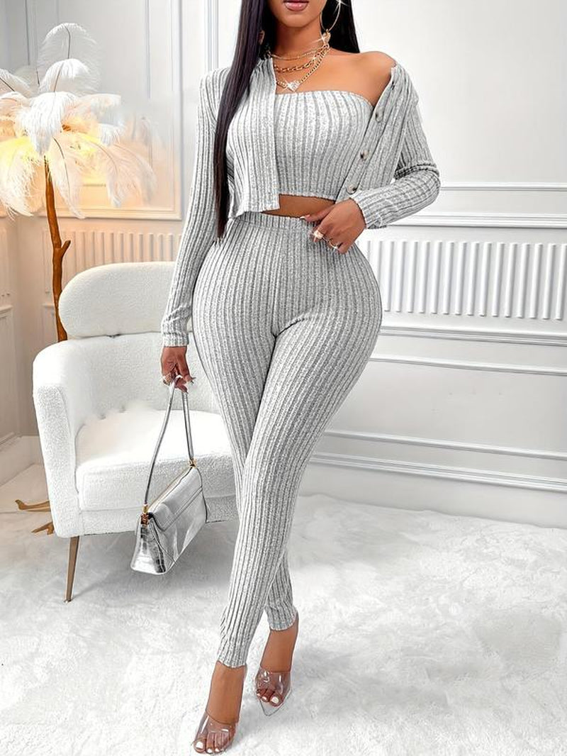 Chic 3-Piece Women's Casual Sporty Set: Ribbed Crop Tube Top, High Waist Leggings & Open Front Long Sleeve Jacket for Spring & Fall