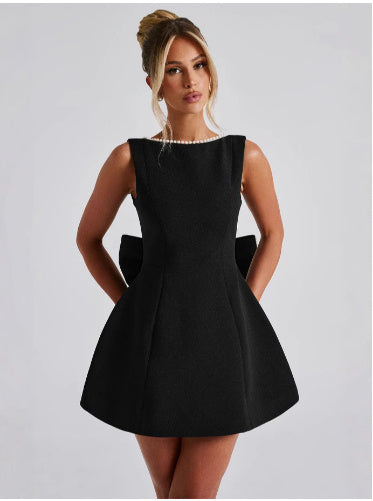 Women's Big Bow Pearl Backless Dress – Elegant Evening Wear