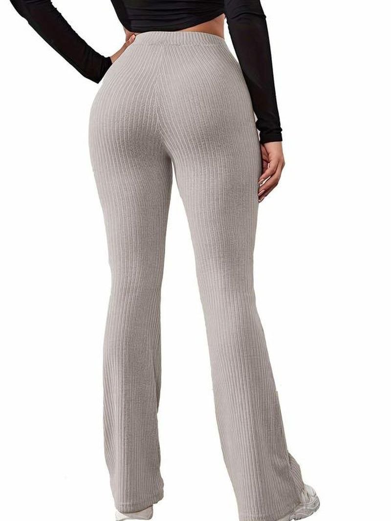 Women'S Plain High Waist Ribbed Flare Leg Pants, Basic Comfort Elastic Waist Bell Bottom Trousers Flared Pants, Rib Flares Pants, Lady Summer Bottoms for Daily Wear, Womenswear Rib Flares, Flare Pants