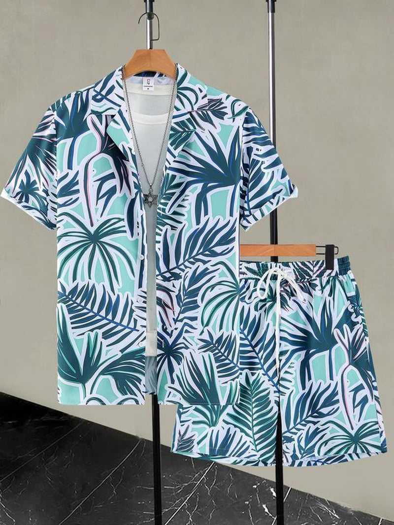 Men's Floral Print Button-Up Pajama Set with Shorts, Casual Regular Fit Short Sleeve Top and Shorts Sleepwear for Summer