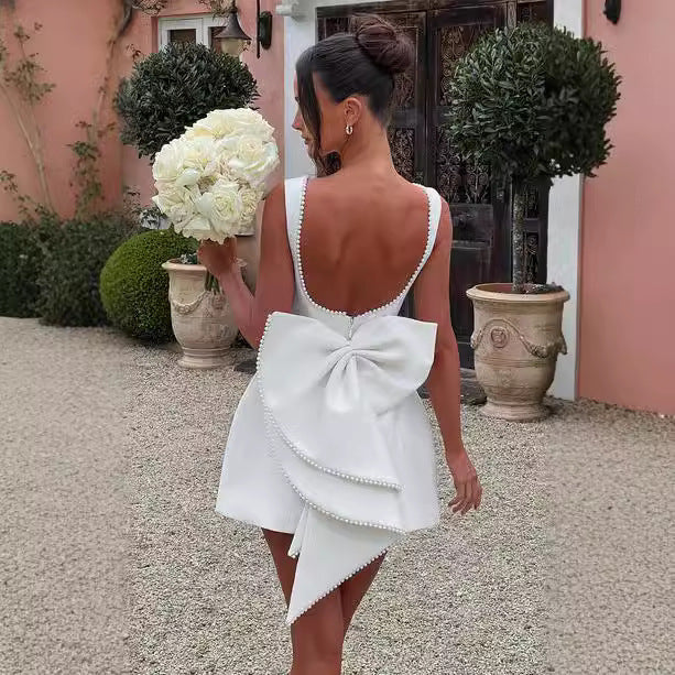 Women's Big Bow Pearl Backless Dress – Elegant Evening Wear