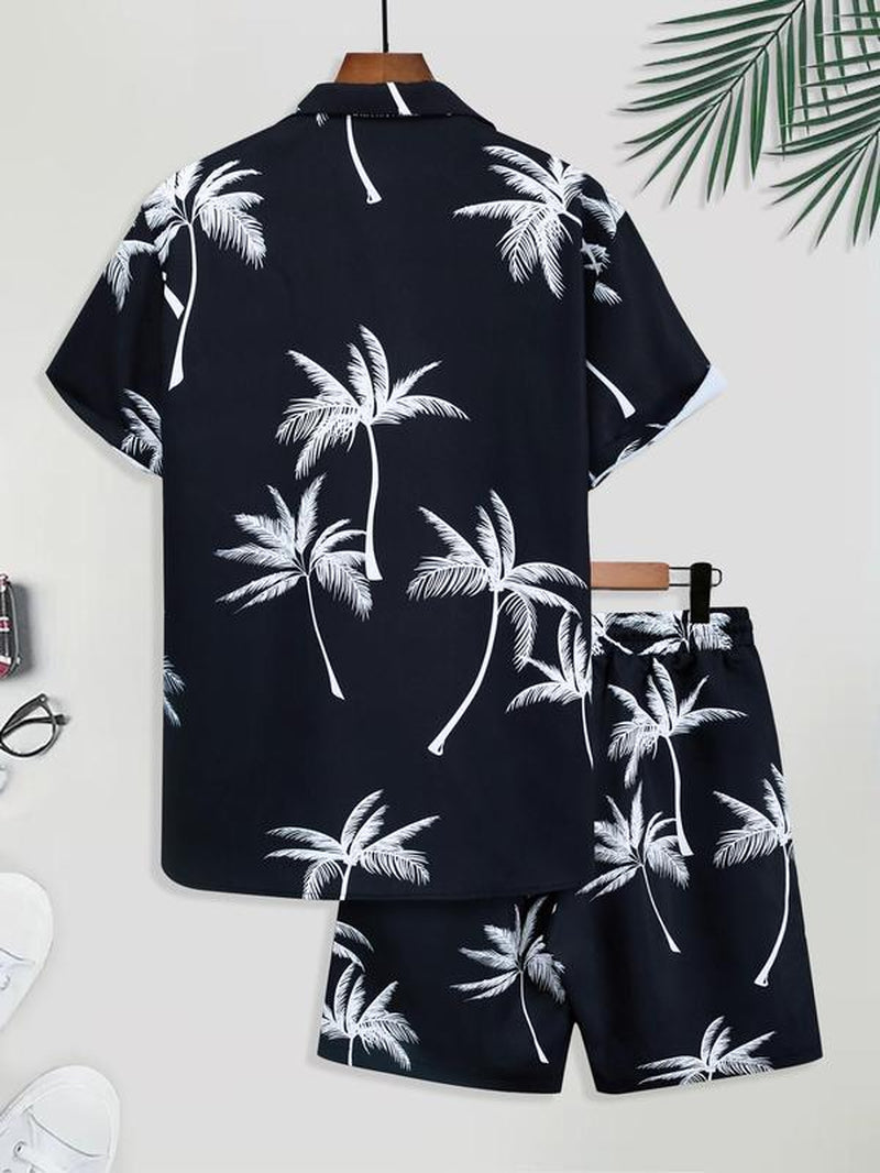 Men's Floral Print Button-Up Pajama Set with Shorts, Casual Regular Fit Short Sleeve Top and Shorts Sleepwear for Summer