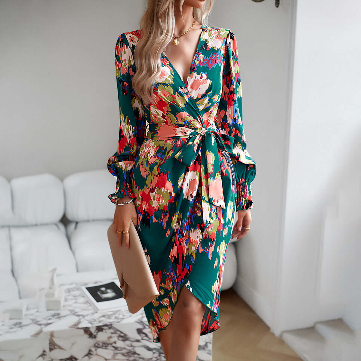 Autumn V-Neck Dress — Dark Green