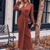 V-neck Solid Color Kink Waist Long Sleeve Dress