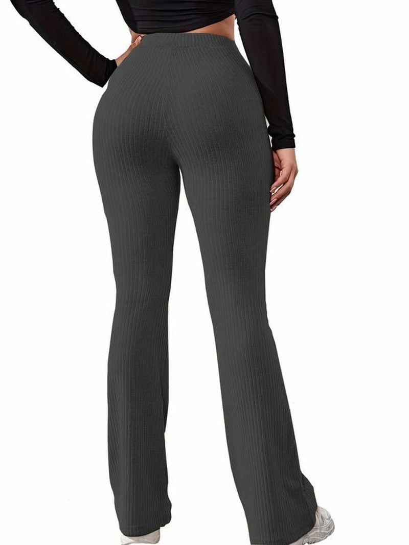 Women'S Plain High Waist Ribbed Flare Leg Pants, Basic Comfort Elastic Waist Bell Bottom Trousers Flared Pants, Rib Flares Pants, Lady Summer Bottoms for Daily Wear, Womenswear Rib Flares, Flare Pants