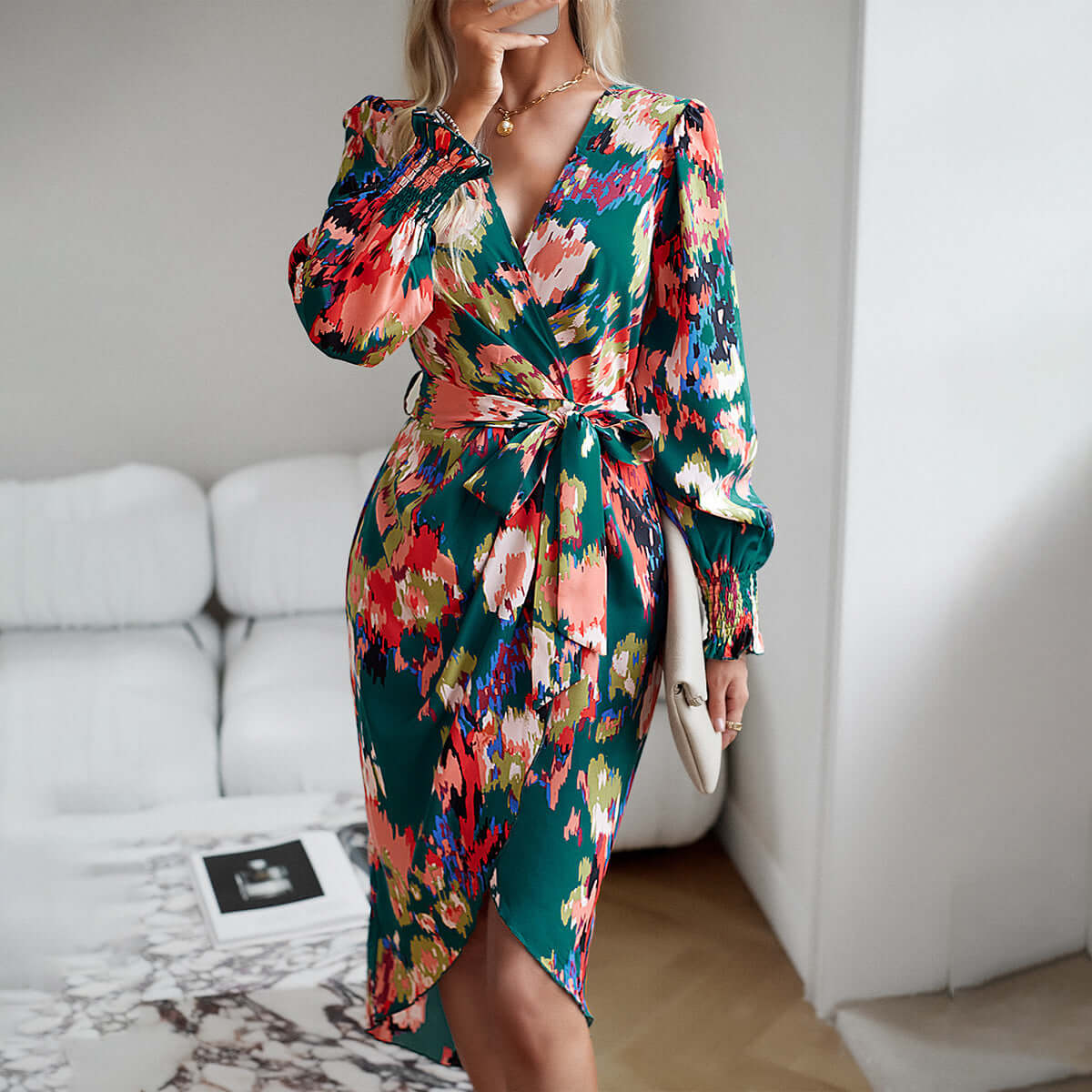 Autumn V-Neck Dress — Dark Green