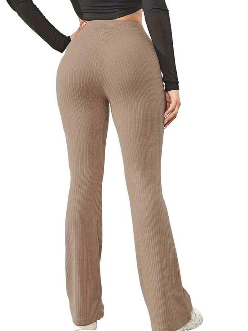 Women'S Plain High Waist Ribbed Flare Leg Pants, Basic Comfort Elastic Waist Bell Bottom Trousers Flared Pants, Rib Flares Pants, Lady Summer Bottoms for Daily Wear, Womenswear Rib Flares, Flare Pants