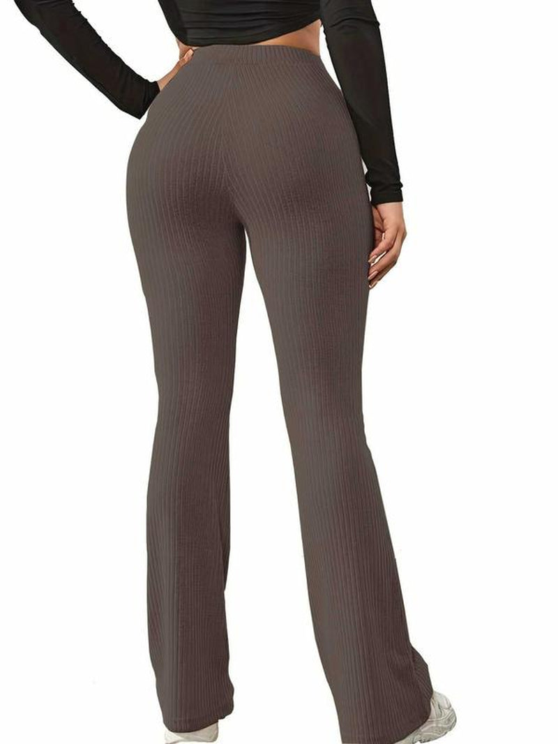Women'S Plain High Waist Ribbed Flare Leg Pants, Basic Comfort Elastic Waist Bell Bottom Trousers Flared Pants, Rib Flares Pants, Lady Summer Bottoms for Daily Wear, Womenswear Rib Flares, Flare Pants
