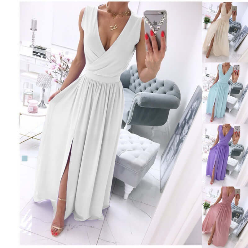 Solid V-Neck Sleeve Dress