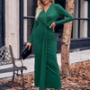 V-neck Solid Color Kink Waist Long Sleeve Dress