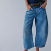 High Stretch Mid-Rise Barrel Jeans Fashion Wide Leg Shape Women Casual Baggy Mid Waist Denim Jeans