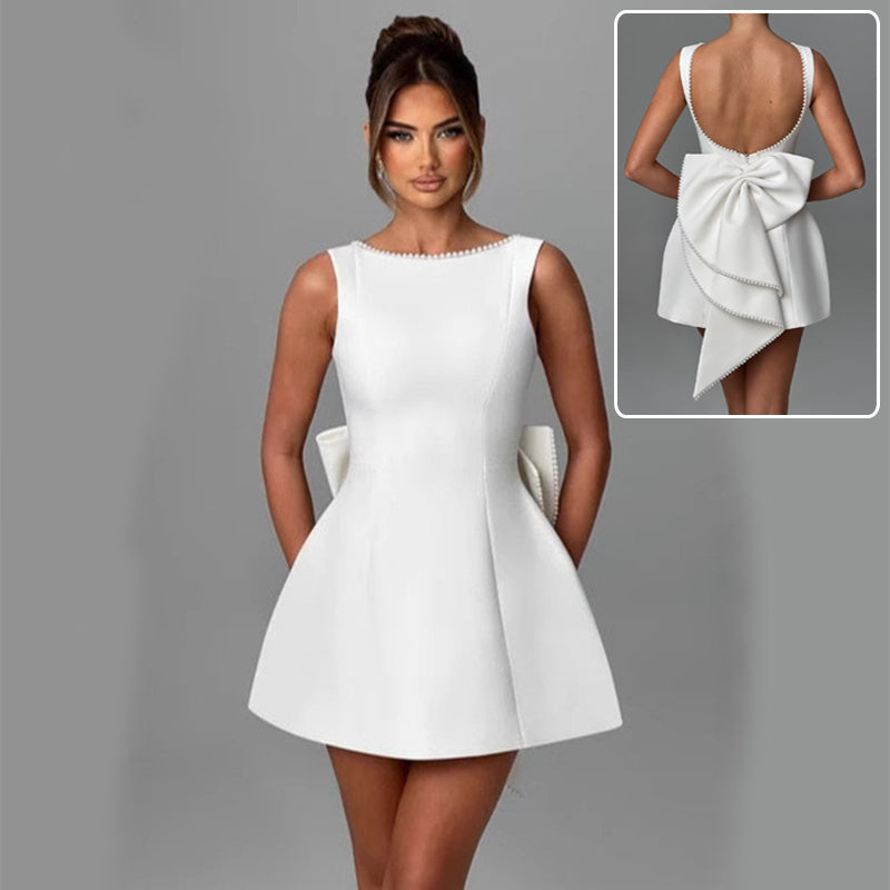 Women's Big Bow Pearl Backless Dress – Elegant Evening Wear